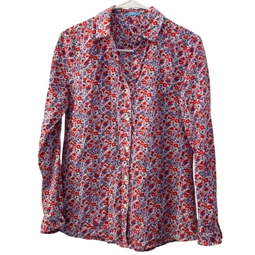 J. McLaughlin XS Floral Button Up Shirt Cotton Silk Red Purple‎ Long Sleeve